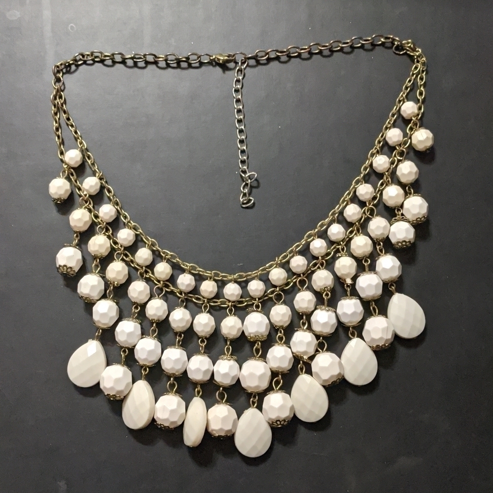 Antique Gold Tone White Faceted Bead Bib Style Statement Necklace